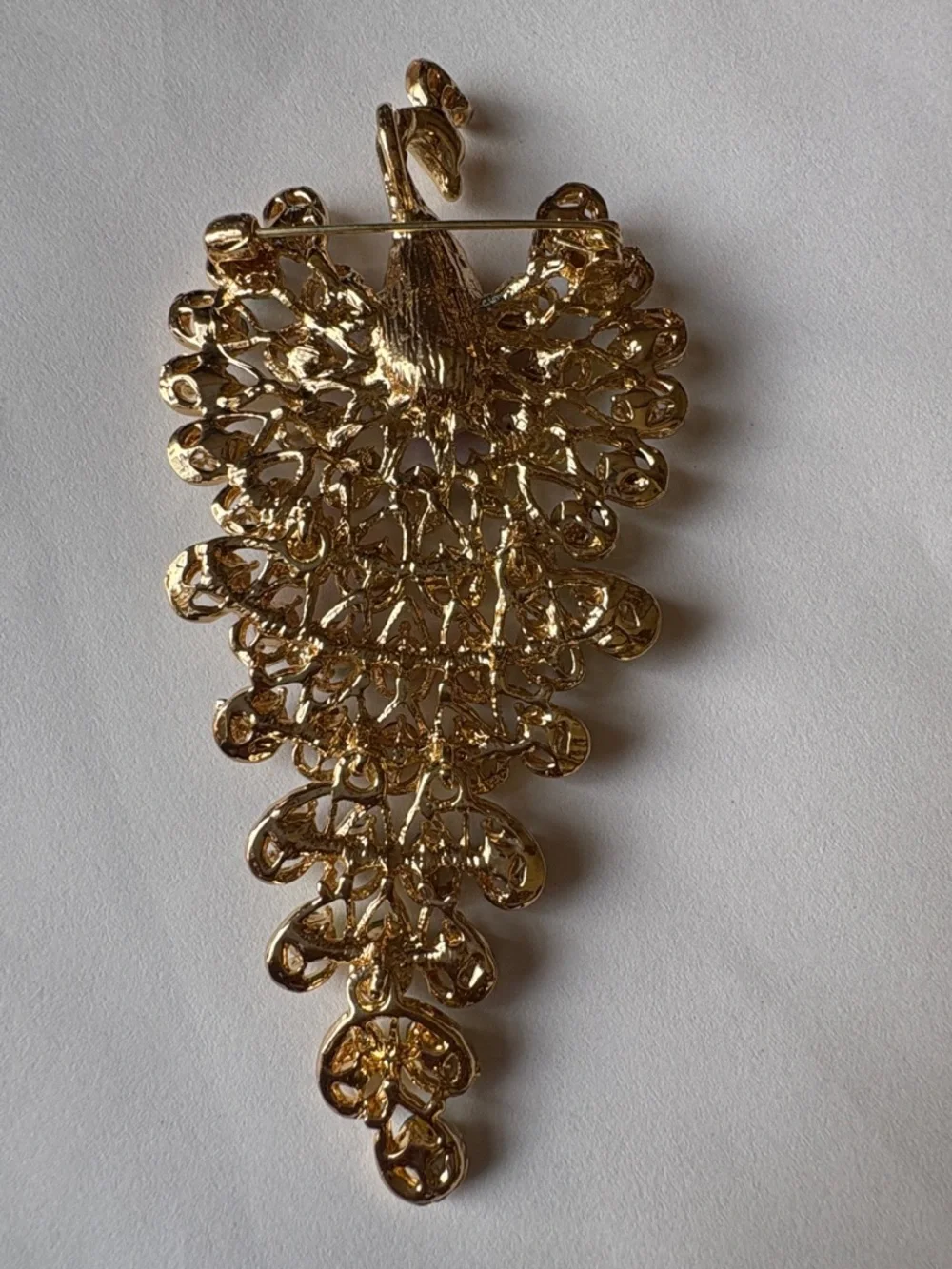 Gold Peacock Brooch with Multicolor and Red Center